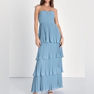 Lulus Seriously Sensational Light Blue Strapless Tiered Maxi Dress small